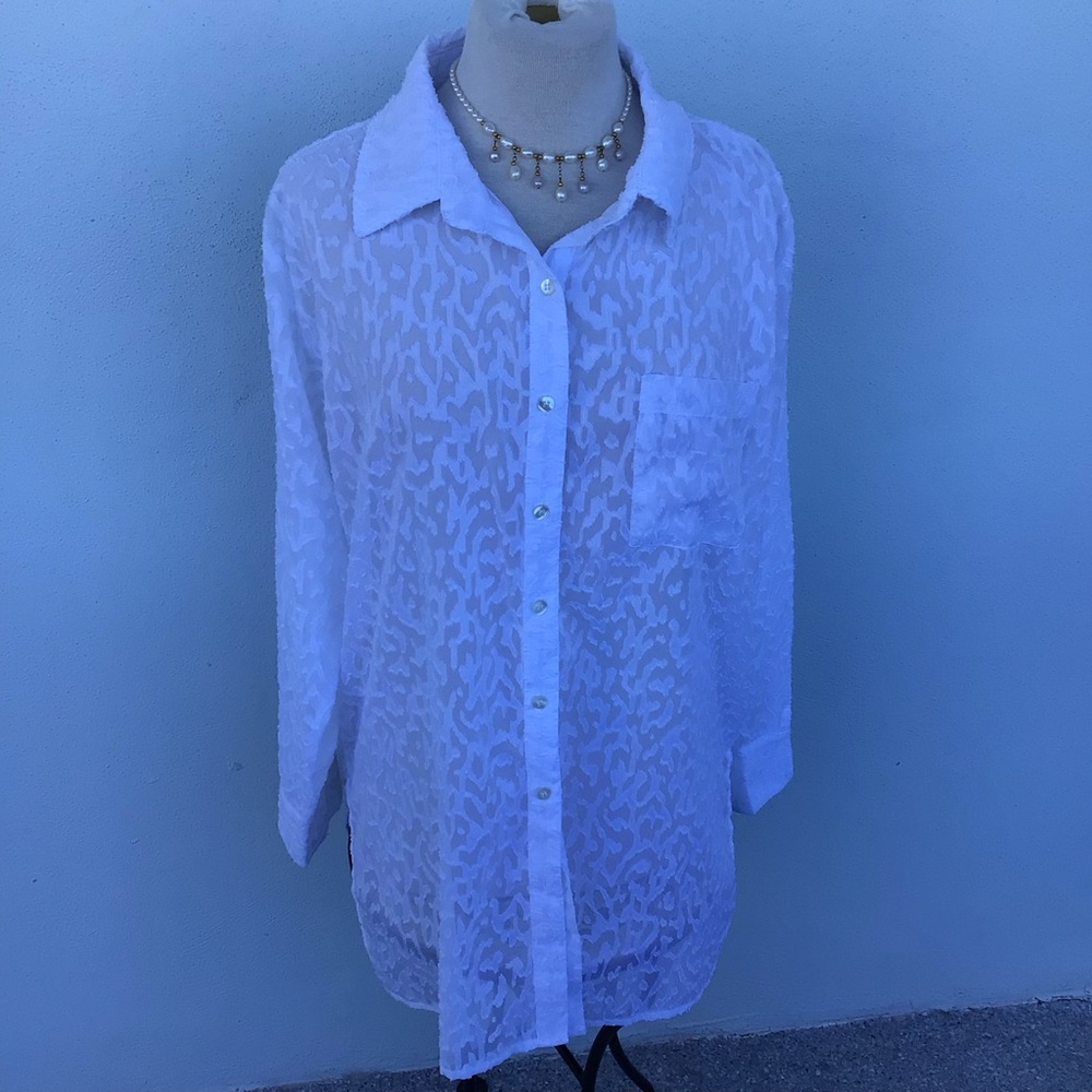 VENUS White Sheer Coral Textured Coverup Long Sleeve Buttonup Blouse